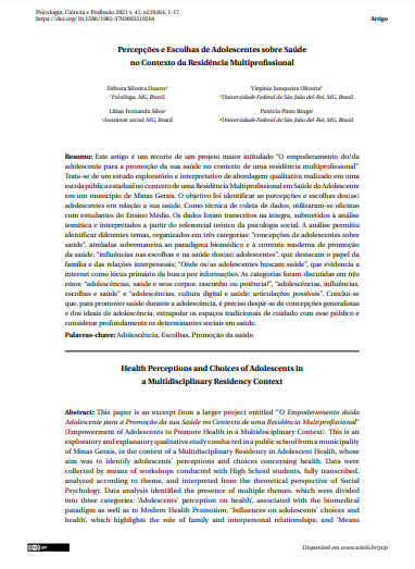 Percepções e Escolhas de Adolescentes sobre Saúde no Contexto da Residência Multiprofissional