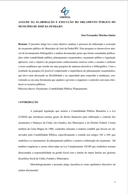 Análise da elaboração e execução do orçamento público do município de José da Penha/ RN