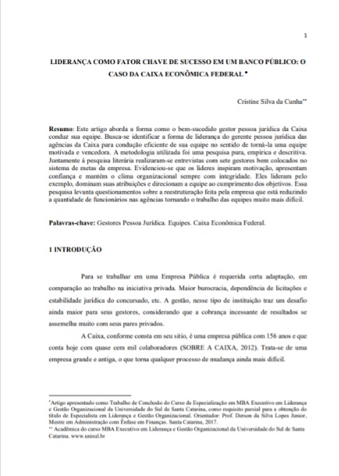 Liderança como fator chave de sucesso em um banco público: o caso da Caixa Econômica Federal