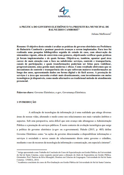 A prática do governo eletrônico na Prefeitura Municipal de Balneário Camboriú