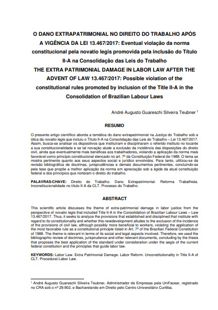 O dano extrapatrimonial no direito do trabalho após a vigência da lei 13.467/2017: eventual violação da norma constitucional pela novatio legis promovida pela inclusão do Título II-A na consolidação das leis do trabalho