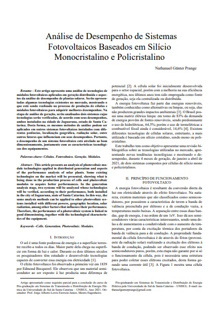 Análise de Desempenho de Sistemas Fotovoltaicos Baseados em Silício Monocristalino e Policristalino