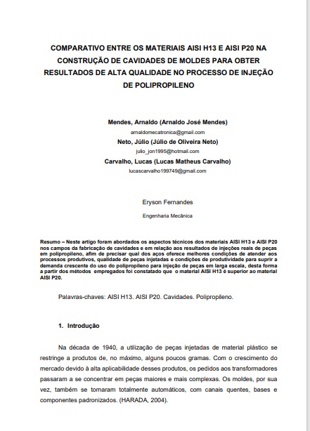 Comparativo entre os materiais AISI h13 e AISI P20 na construção de cavidades de moldes para obter resultados de alta qualidade no processo de injeção de polipropileno