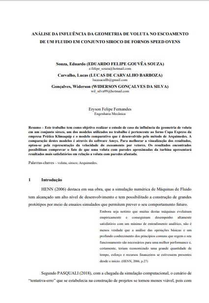 Análise da influência da geometria de voluta no escoamento de um fluido em conjunto siroco de fornos Speed Ovens