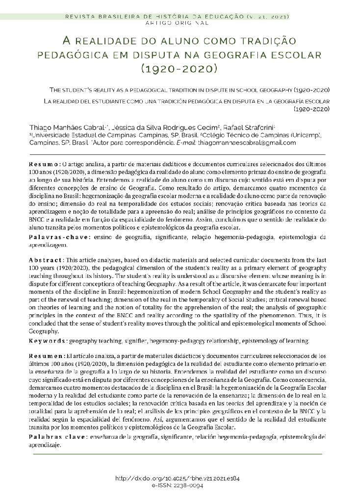 A realidade do aluno como tradição pedagógica em disputa na geografia escolar (1920-2020)