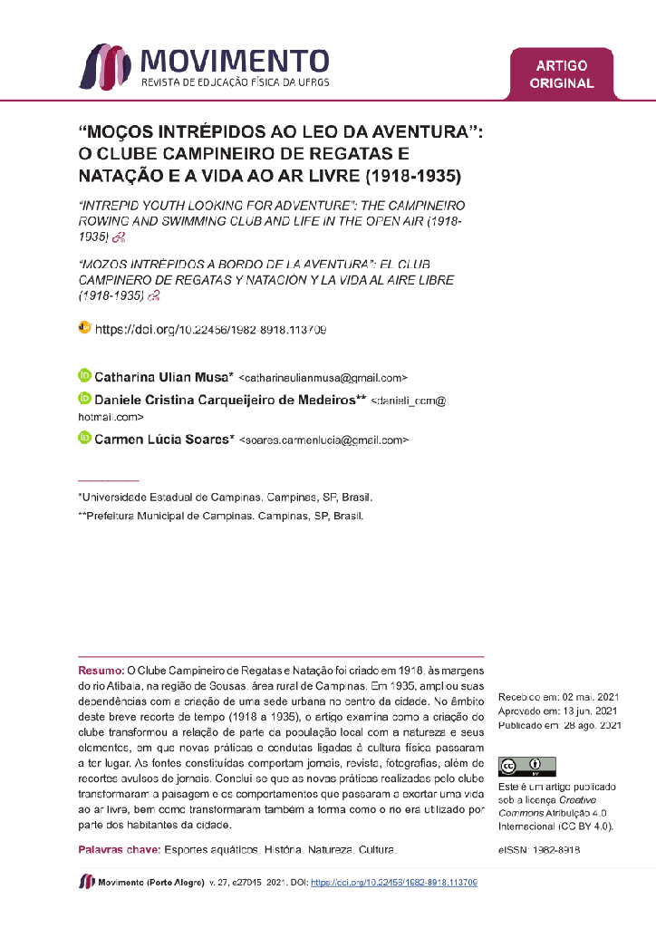 “MOÇOS INTRÉPIDOS AO LEO DA AVENTURA”: O CLUBE CAMPINEIRO DE REGATAS E NATAÇÃO E A VIDA AO AR LIVRE (1918-1935)