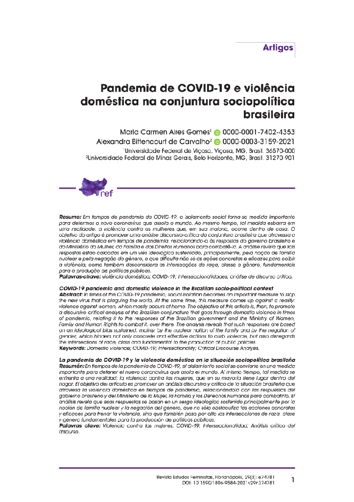 Pandemia de COVID-19 e violência doméstica na conjuntura sociopolítica brasileira