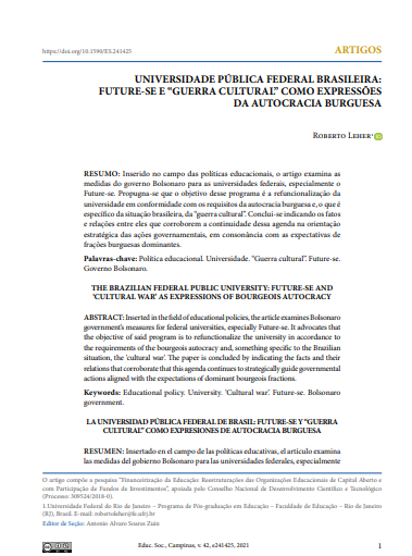 UNIVERSIDADE PÚBLICA FEDERAL BRASILEIRA: FUTURE-SE E “GUERRA CULTURAL” COMO EXPRESSÕES DA AUTOCRACIA BURGUESA