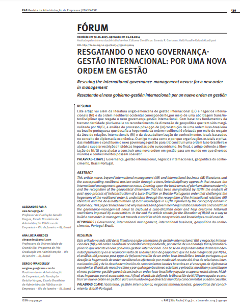 RESGATANDO O NEXO GOVERNANÇAGESTÃO INTERNACIONAL: POR UMA NOVA ORDEM EM GESTÃO