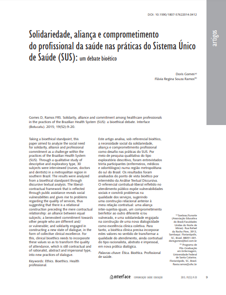 Solidariedade, aliança e comprometimento do profissional da saúde nas práticas do Sistema Único de Saúde (SUS): um debate bioético