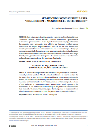 (IN)SUBORDINAÇÕES CURRICULARES: “DESACELEREM O MUNDO QUE EU QUERO DESCER”