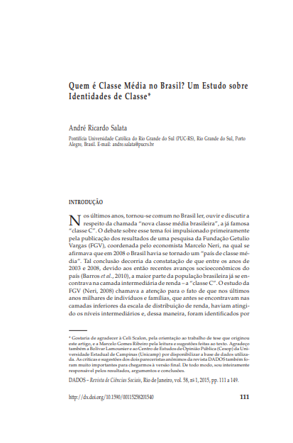 Quem é Classe Média no Brasil? Um Estudo sobre Identidades de Classe*