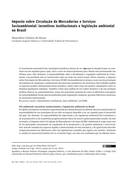 Imposto sobre Circulação de Mercadorias e Serviços Socioambiental: incentivos institucionais e legislação ambiental no Brasil