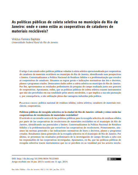 As políticas públicas de coleta seletiva no município do Rio de Janeiro: onde e como estão as cooperativas de catadores de materiais recicláveis?