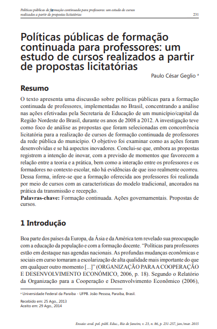 Políticas públicas de formação continuada para professores: um estudo de cursos realizados a partir de propostas licitatórias