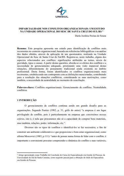 Imparcialidade nos conflitos organizacionais: um estudo na unidade operacional do Sesc de Santa Cruz do Sul/RS