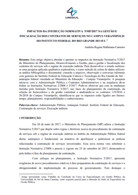 Impactos da Instrução Normativa 5/MP/2017 na gestão e fiscalização dos contratos de serviço no Campus Veranópolis do Instituto Federal do Rio Grande do Sul
