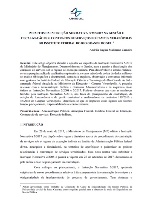 Impactos da Instrução Normativa 5/MP/2017 na gestão e fiscalização dos contratos de serviço no Campus Veranópolis do Instituto Federal do Rio Grande do Sul