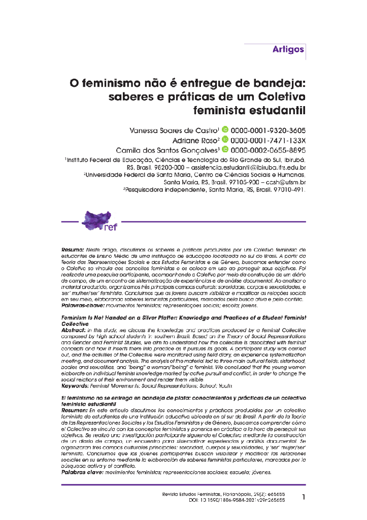 O feminismo não é entregue de bandeja: saberes e práticas de um Coletivo feminista estudantil