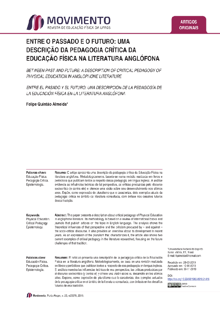 ENTRE O PASSADO E O FUTURO: UMA DESCRIÇÃO DA PEDAGOGIA CRÍTICA DA EDUCAÇÃO FÍSICA NA LITERATURA ANGLÓFONA