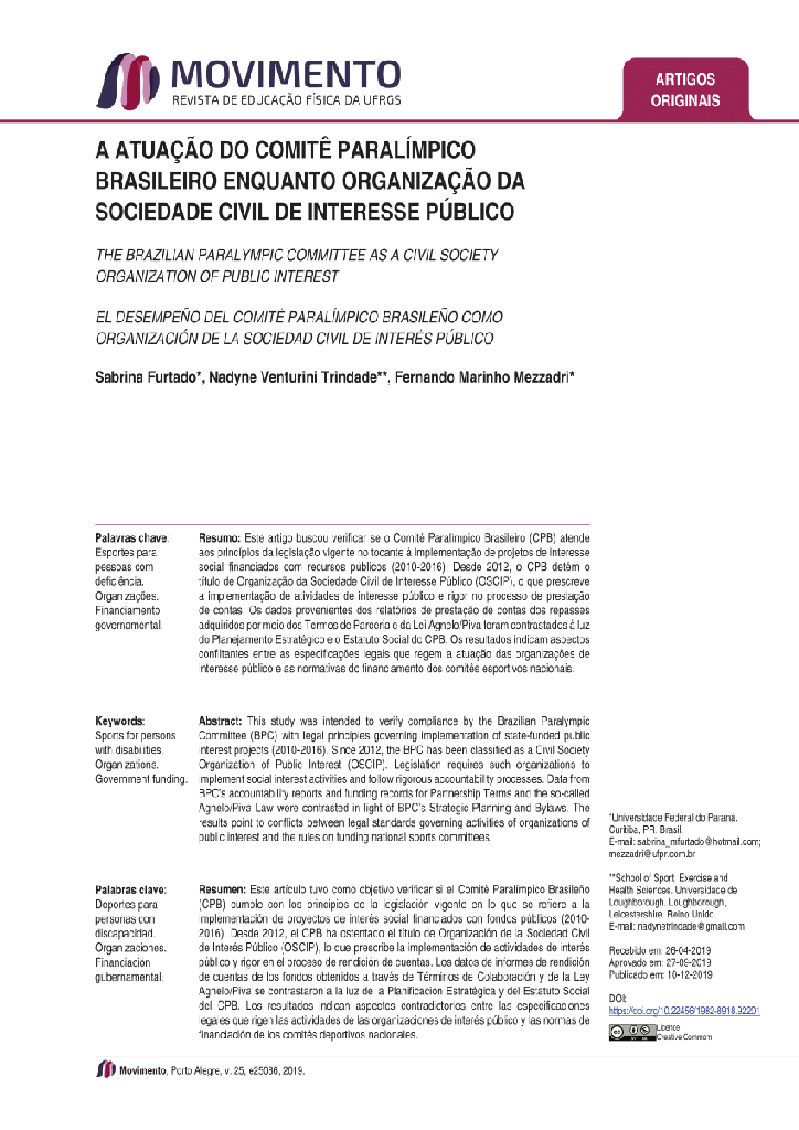 A ATUAÇÃO DO COMITÊ PARALÍMPICO BRASILEIRO ENQUANTO ORGANIZAÇÃO DA SOCIEDADE CIVIL DE INTERESSE PÚBLICO