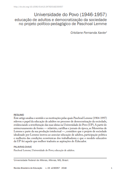 Universidade do Povo (1946-1957) educação de adultos e democratização da sociedade no projeto político-pedagógico de Paschoal Lemme