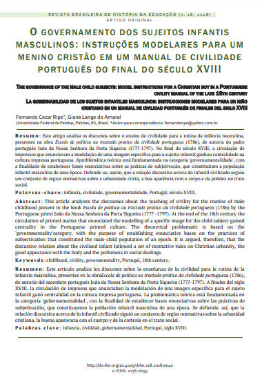 O governamento dos sujeitos infantis masculinos: instruções modelares para um menino cristão em um manual de civilidade português do final do século XVIII