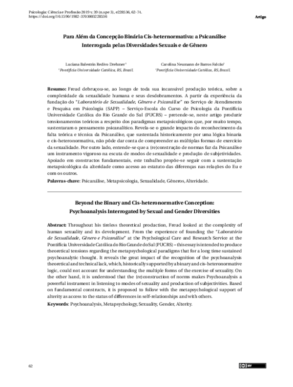 Para Além da Concepção Binária Cis-heternormativa: a Psicanálise Interrogada pelas Diversidades Sexuais e de Gênero