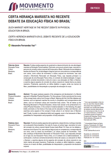 CERTA HERANÇA MARXISTA NO RECENTE DEBATE DA EDUCAÇÃO FÍSICA NO BRASIL