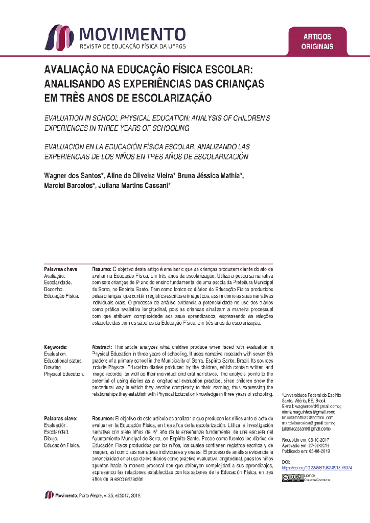 AVALIAÇÃO NA EDUCAÇÃO FÍSICA ESCOLAR: ANALISANDO AS EXPERIÊNCIAS DAS CRIANÇAS EM TRÊS ANOS DE ESCOLARIZAÇÃO