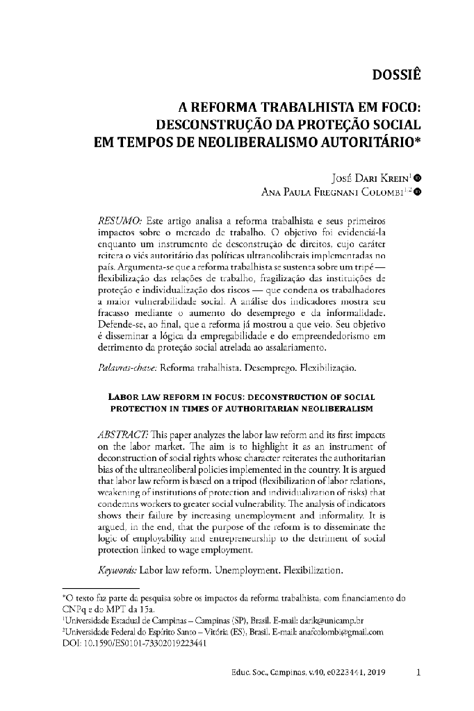 A REFORMA TRABALHISTA EM FOCO: DESCONSTRUÇÃO DA PROTEÇÃO SOCIAL EM TEMPOS DE NEOLIBERALISMO AUTORITÁRIO