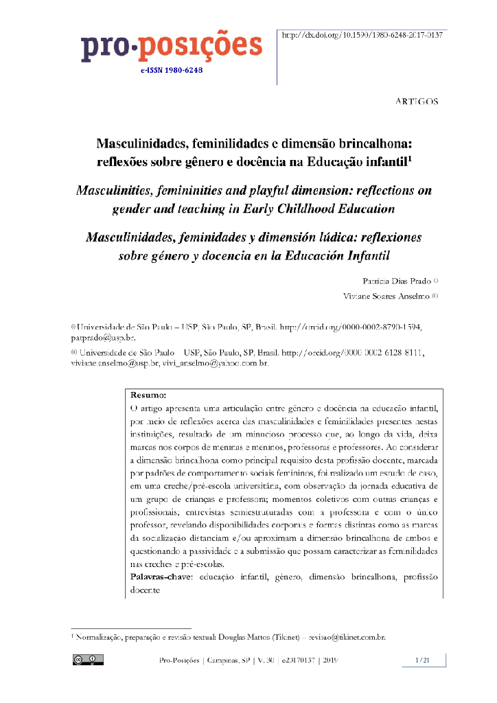 Masculinidades, feminilidades e dimensão brincalhona: reflexões sobre gênero e docência na Educação infantil