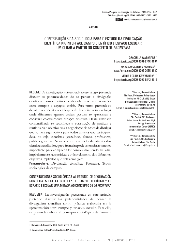 CONTRIBUIÇÕES DA SOCIOLOGIA PARA O ESTUDO DA DIVULGAÇÃO CIENTÍFICA NA INTERFACE CAMPO CIENTÍFICO E ESPAÇO ESCOLAR: UM OLHAR A PARTIR DO CONCEITO DE FRONTEIRA