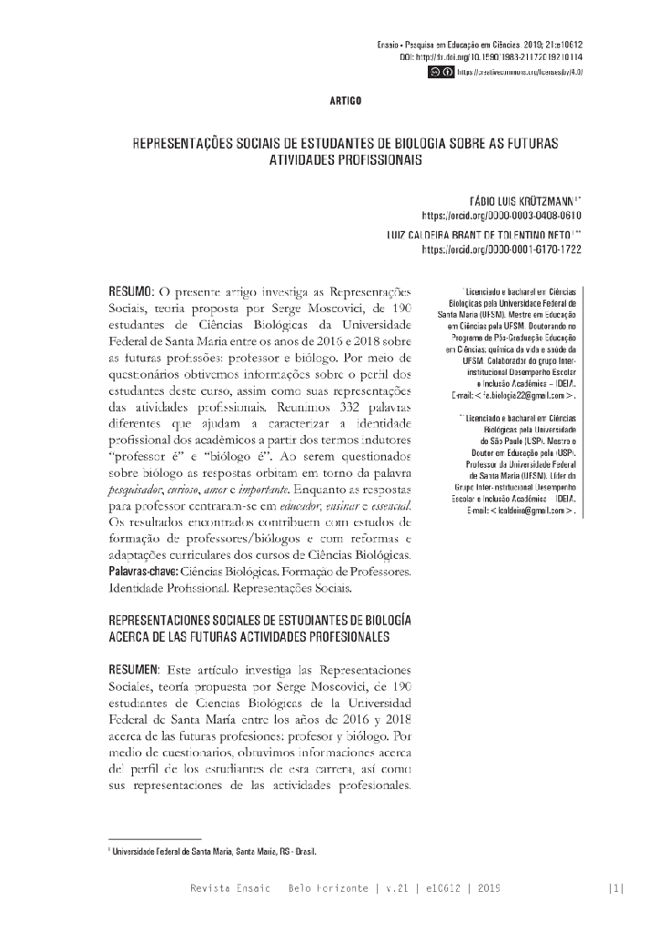 REPRESENTAÇÕES SOCIAIS DE ESTUDANTES DE BIOLOGIA SOBRE AS FUTURAS ATIVIDADES PROFISSIONAIS