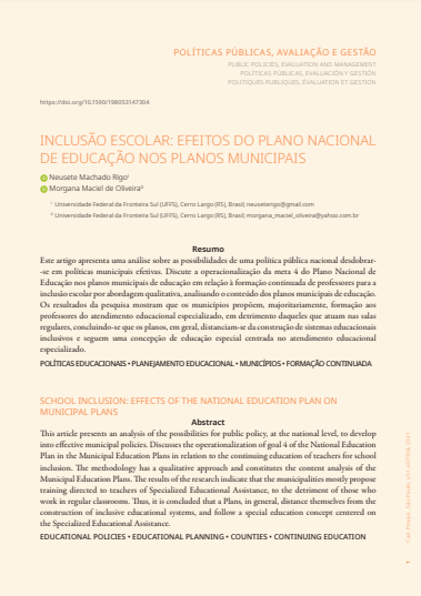 INCLUSÃO ESCOLAR: EFEITOS DO PLANO NACIONAL DE EDUCAÇÃO NOS PLANOS MUNICIPAIS