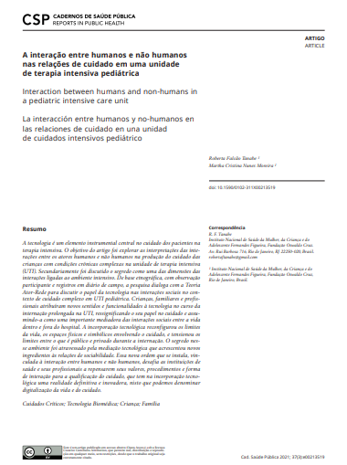 A interação entre humanos e não humanos nas relações de cuidado em uma unidade de terapia intensiva pediátrica