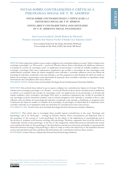 NOTAS SOBRE CONTRADIÇÕES E CRÍTICAS À PSICOLOGIA SOCIAL DE T. W. ADORNO