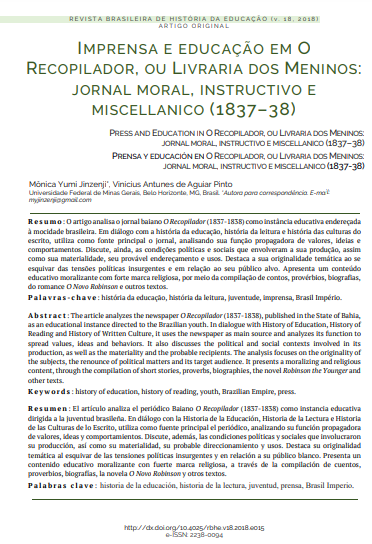 Imprensa e educação em O Recopilador, ou Livraria dos Meninos: jornal moral, instructivo e miscellanico (1837-38)