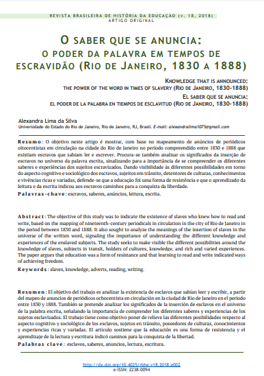 O saber que se anuncia: o poder da palavra em tempos de escravidão (Rio de Janeiro, 1830 a 1888)