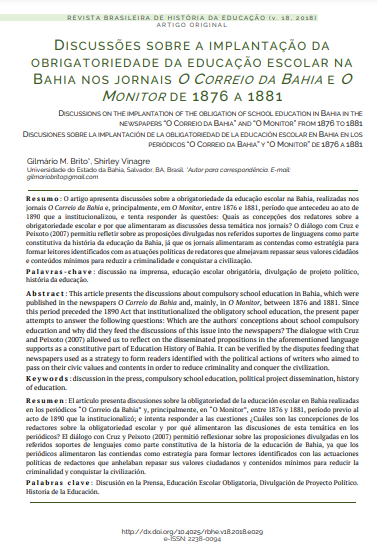 Discussões sobre a implantação da obrigatoriedade da educação escolar na Bahia nos jornais O Correio da Bahia e O Monitor de 1876 a 1881