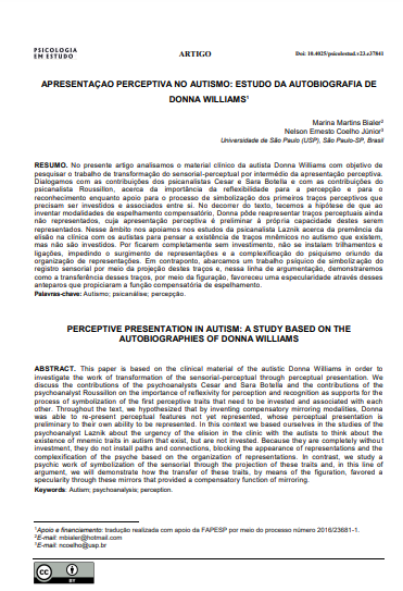 APRESENTAÇAO PERCEPTIVA NO AUTISMO: ESTUDO DA AUTOBIOGRAFIA DE DONNA WILLIAMS