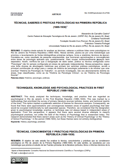 TÉCNICAS, SABERES E PRÁTICAS PSICOLÓGICAS NA PRIMEIRA REPÚBLICA (1889-1930)