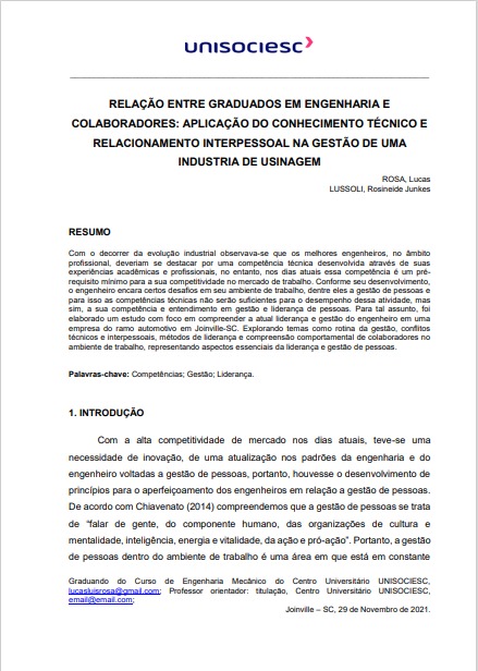 Relação entre graduados em engenharia e colaboradores: aplicação do conhecimento técnico e relacionamento interpessoal na gestão de uma indústria de usinagem
