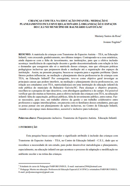 Crianças com TEA na Educação Infantil: mediação e planejamento inclusivo relacionado à organização e espaços do C.E.I no Município de Balneário Gaivota/SC