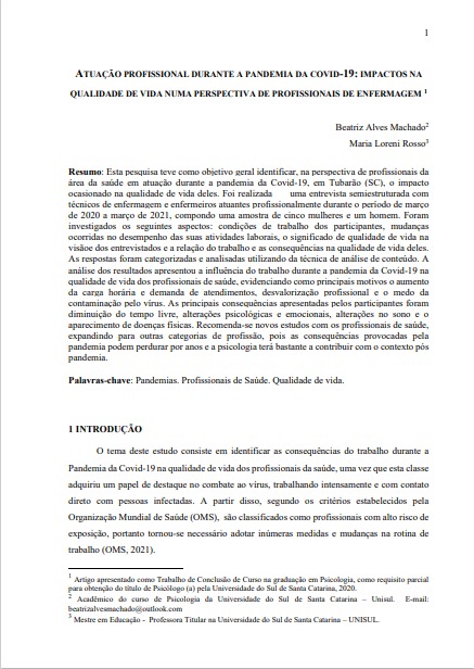 Atuação profissional durante a Pandemia da Covid-19: impactos na qualidade de vida numa perspectiva de profissionais de enfermagem