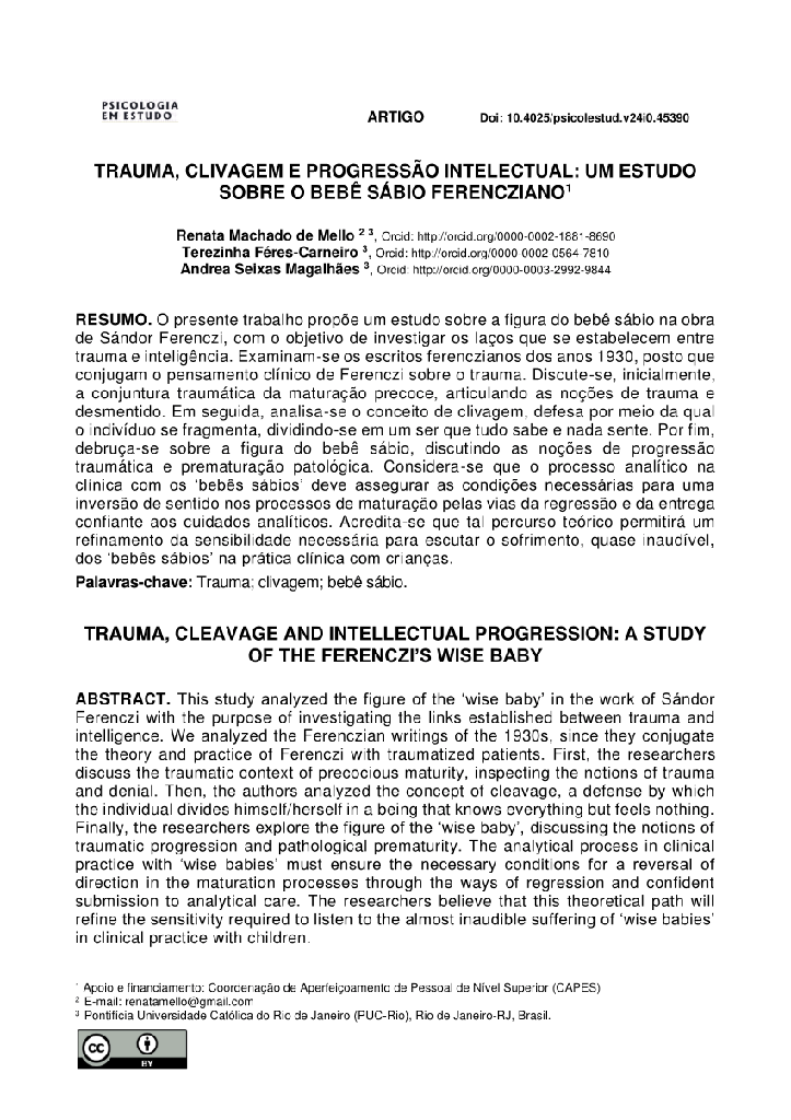 Trauma, clivagem e progressão intelectual: um estudo sobre o bebê sábio ferencziano