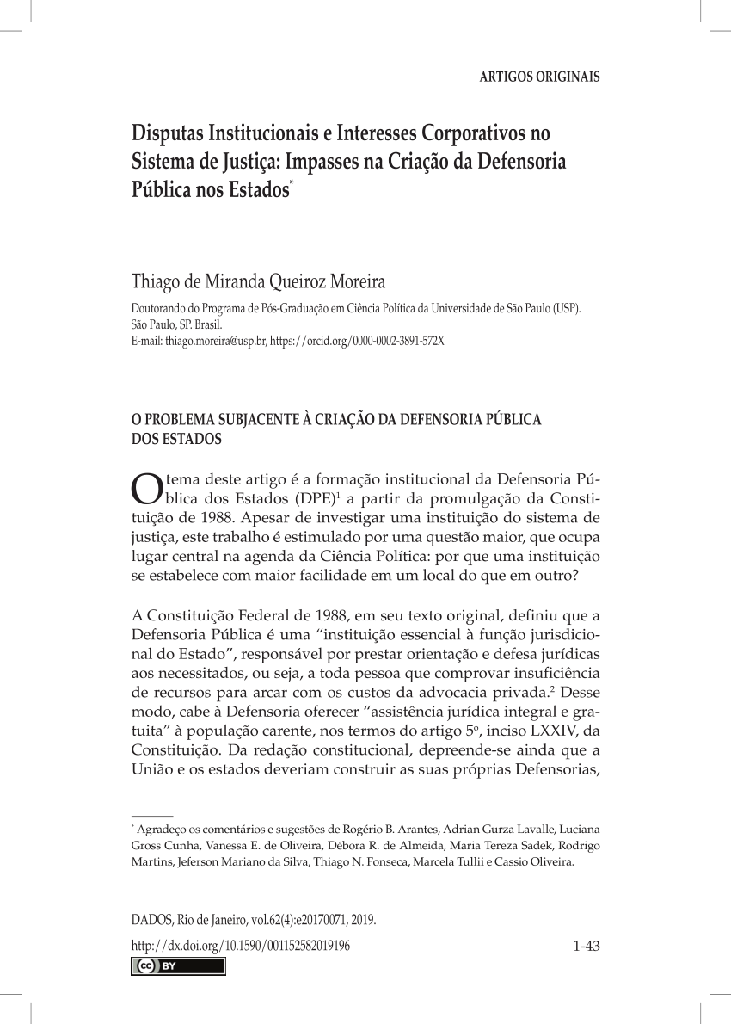 Disputas Institucionais e Interesses Corporativos no Sistema de Justiça: Impasses na Criação da Defensoria Pública nos Estados