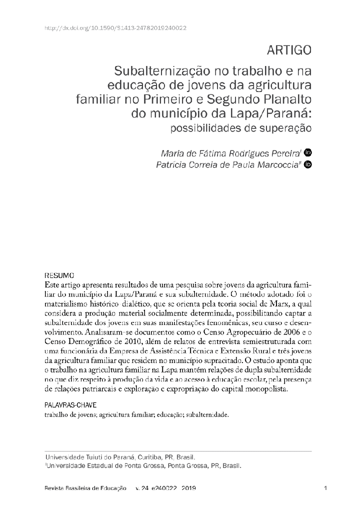 Subalternização no trabalho e na educação de jovens da agricultura familiar no Primeiro e Segundo Planalto do município da Lapa/Paraná: possibilidades de superação