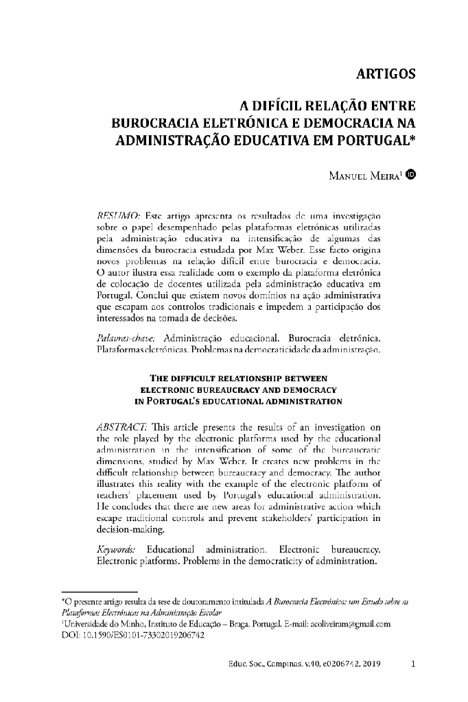 A DIFÍCIL RELAÇÃO ENTRE BUROCRACIA ELETRÓNICA E DEMOCRACIA NA ADMINISTRAÇÃO EDUCATIVA EM PORTUGAL