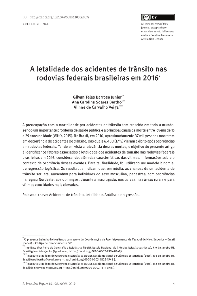 A letalidade dos acidentes de trânsito nas rodovias federais brasileiras em 2016